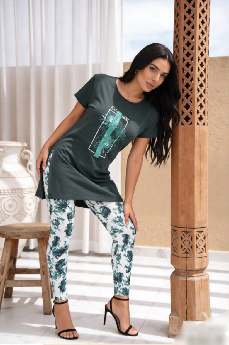 بيجامة حريمي صيفي قطن ليكرا مطبوعة